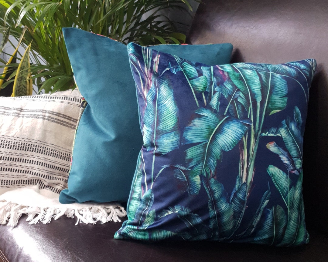 Midnight Blue Velvet Cushion Cover, Leaf Print Sofa Cushion, Scatter