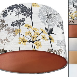 Grey and Yellow Botanical Lampshade with Copper or Gold Lining, Copper Light Shade, Gold Light Shade, Cow Parsley Print Lampshade, Grey Lamp