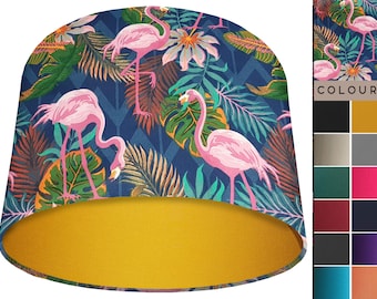 Pantalla de flamenco tropical: pájaros rosas sobre azul marino, estampado de animales de la selva, hecha a mano, para lámpara de techo o de mesa, decoración llamativa para el hogar.