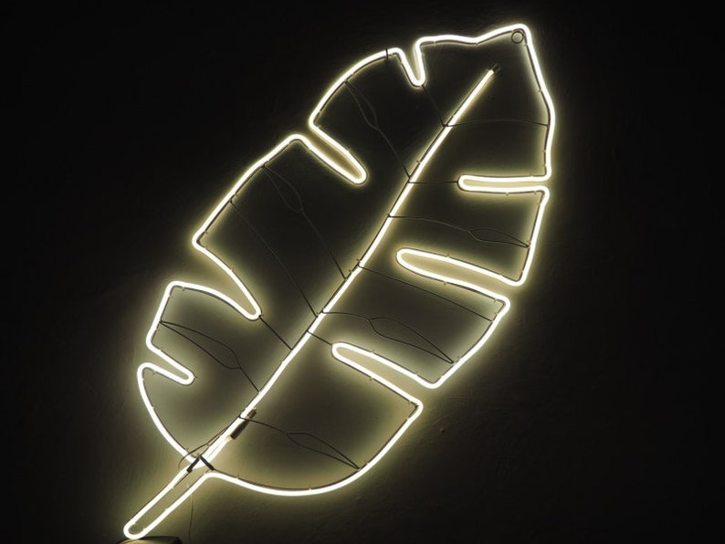May include: A white neon light shaped like a tropical leaf. The light is on a dark background.