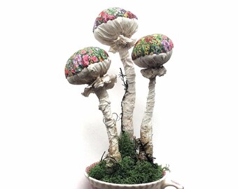 Fungi ornament - musroom sculpture - vintage tea cup - toadstools