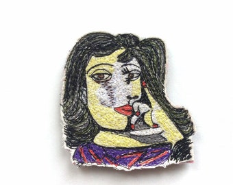 Sewn face - brooch - handmade - Dora Maar - portrait - Picasso - textile art - wearable art