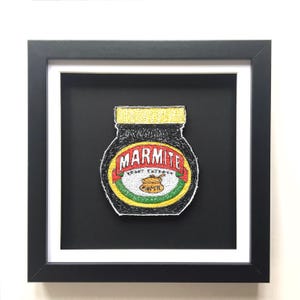 Marmite sewn artwork - handmade - thread drawing - stitched artwork