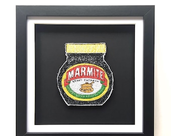 Marmite sewn artwork - handmade - thread drawing - stitched artwork