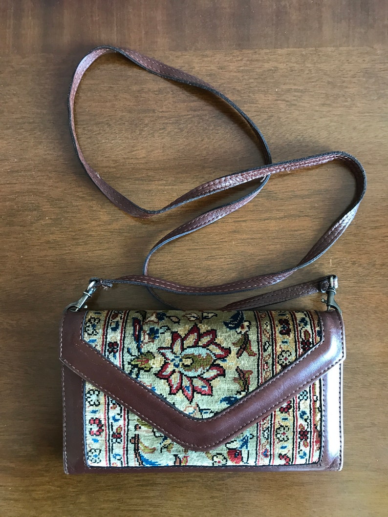 Vintage Handmade Turkish Unique Crossbody Ladies Bag, Purse, Leather, Handmade Turkish Silk Carpet, Exists in the singular image 2