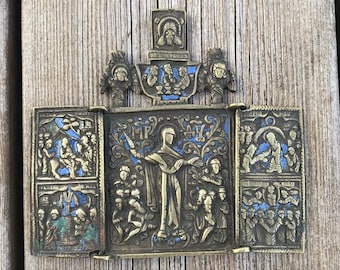 Antique Eastern Orthodox Bronze Folding Joy of All Who Sorrow, Relief Images, 19 century, Pectoral Folding, Folding for Journey, Russia