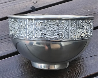 vintage fait main Selbu Tinn Norge, étain viking motif décoratif salade de fruits bol, histoire des Vikings, années 1950, art norvégien, Selbu Tinn Norvège