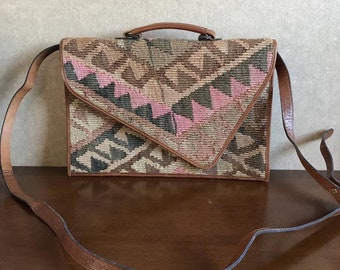 Vintage Handmade Turkish Unique Ladies Bag, Leather, Handmade Antique Turkish Kilim, Exists in the singular