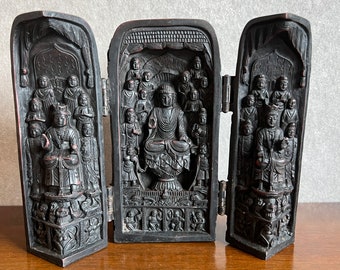 Buddha Triptych, Folding Buddha Shrine, Antique, Carved Molded Foldable Resin Triptych  Buddha Travel Shrine Triptych, 1930s, China