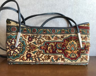 Vintage Handmade Turkish Unique Cross  Shoulder  Ladies Bag, Purse, Leather, Handmade Turkish Silk Carpet, Exists in the singular