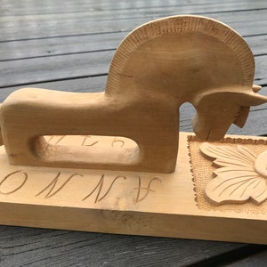 Vintage Norwegian Handmade Deep Carving Mangle Board with Handle in shape of Hors, Traditional Norwegian Wedding Gift, 1974, Telemark Norway