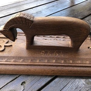 Mangle Board with Handle in shape of Hors, Signed, Handmade, Wood Carving, Traditional Norwegian Wedding Gift 1975 Telemark Norway