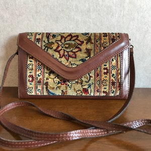 Vintage Handmade Turkish Unique Crossbody Ladies Bag, Purse, Leather, Handmade Turkish Silk Carpet, Exists in the singular image 1