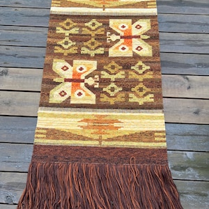 ヴィンテージ ノルウェー ハンドメイド ウール タペストリー 壁掛け、テーブルランナー、ミックス技法カーペット、ホームデコレーション、1960 年代 テレマーク ノルウェー