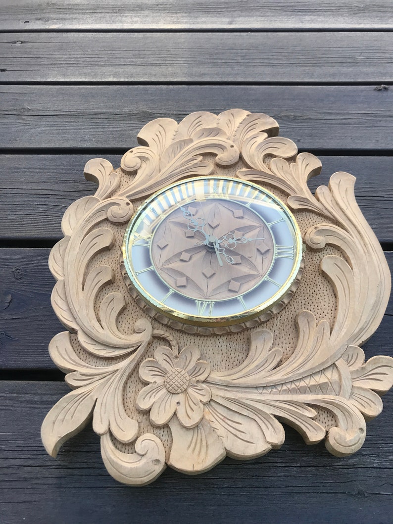 Vintage Norwegian Handmade Deep Wood Carving Clock, Viking Wood Carving