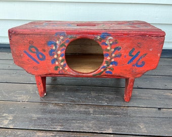 Antique Norwegian Handmade Rustic Wooden Stool ( Krak) - Chest, Traditional Home Furniture, Skammel -Chest, 1846, Telemark Norway
