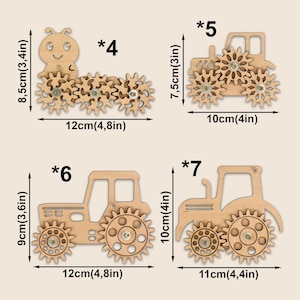 May include: Wooden toy set featuring a caterpillar and three tractor designs. The caterpillar is 4.8 inches long and 3.4 inches tall. The tractors vary in size, with the largest being 4.8 inches long and 4 inches tall.