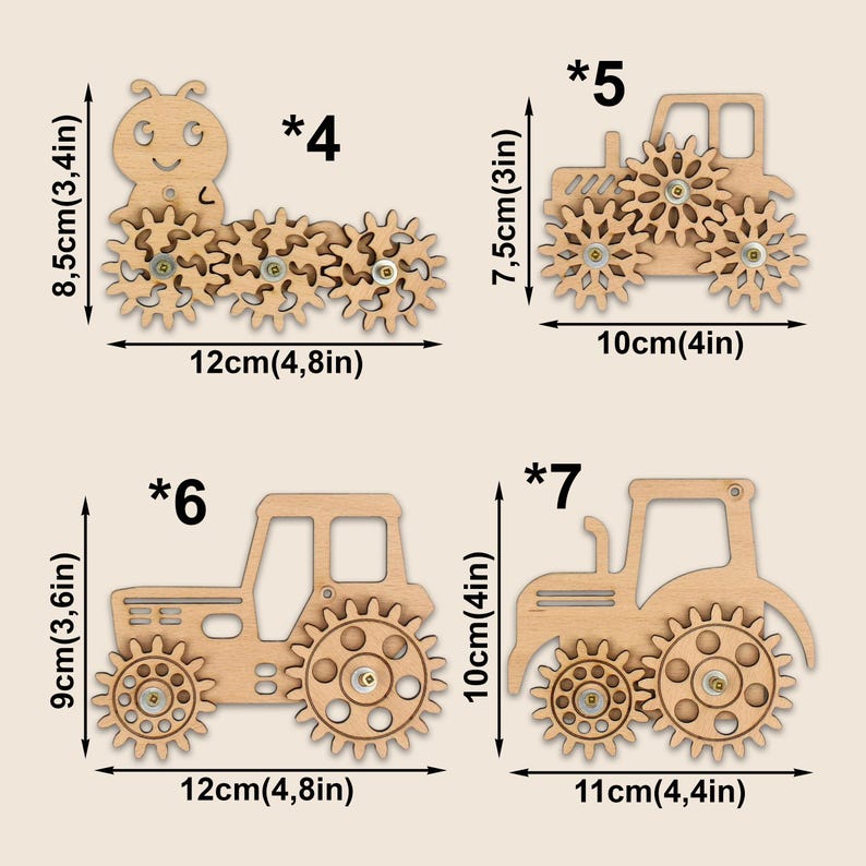 May include: Wooden toy set featuring a caterpillar and three tractor designs. The caterpillar is 4.8 inches long and 3.4 inches tall. The tractors vary in size, with the largest being 4.8 inches long and 4 inches tall.