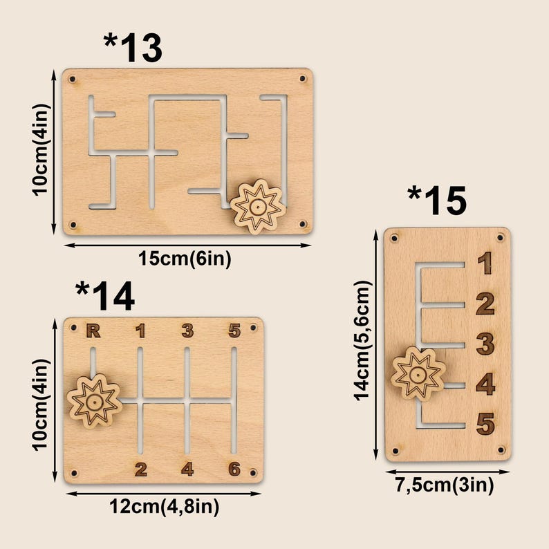 May include: Wooden educational toys with gears and mazes. The set includes three rectangular boards with different designs. One board is 6 inches wide and 4 inches tall, another is 4.8 inches wide and 4 inches tall, and the last is 3 inches wide and 5.6 cm tall.