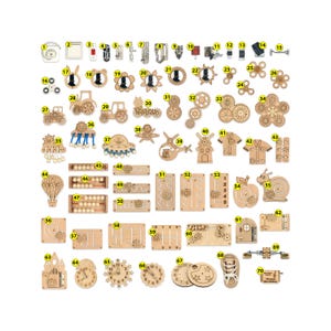 May include: A selection of wooden toys and educational elements, including gears, clocks, vehicles, and shapes. The toys are designed for learning and play, with various sizes and shapes. The collection includes a hot air balloon, a snail, and a happy birthday sign.