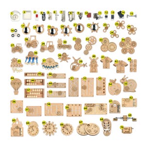 May include: A selection of wooden sensory toys, including gears, locks, and shapes. The toys are designed for educational play and feature various colours and textures. The image includes a variety of shapes, such as a clock, a snail, and a hot air balloon.