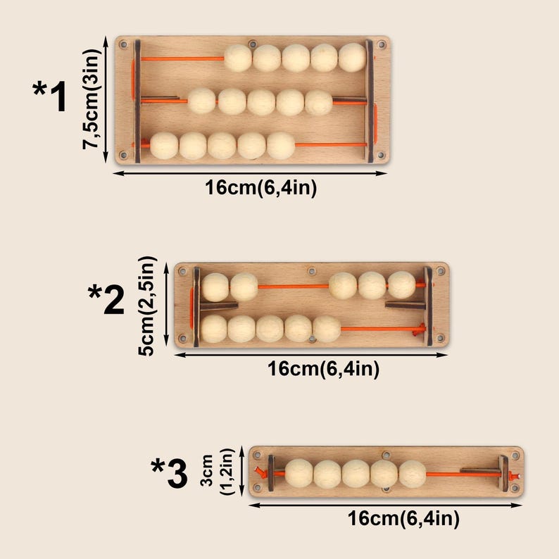 May include: Wooden abacuses of varying sizes. The largest is 3 inches tall and 6.4 inches wide, with three rows of wooden beads. The other two are 2.5 inches and 1.2 inches tall, respectively, and 6.4 inches wide. Each has wooden beads on rods.