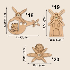 May include: Three wooden decorative items: a helicopter (5.4 in long, 4.8 in high), a windmill (3.6 in high), and a propeller with a bear (4 in long, 3.6 in high). Each item is light brown and has a propeller design.