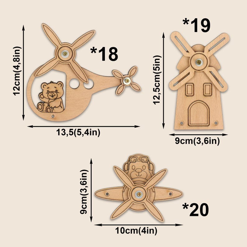 May include: Three wooden decorative items: a helicopter (5.4 in long, 4.8 in high), a windmill (3.6 in high), and a propeller with a bear (4 in long, 3.6 in high). Each item is light brown and has a propeller design.