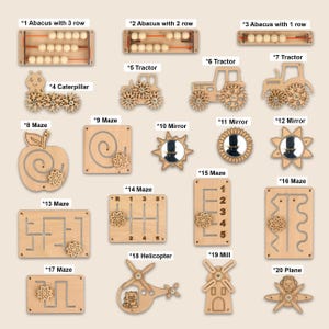 May include: A collection of twenty wooden educational toys, including abacuses, tractors, mazes, mirrors, a caterpillar, a helicopter, a mill, and a plane. Each toy is labeled with a number and description. The toys are made of light-colored wood.