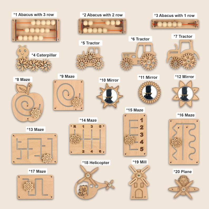 May include: A collection of twenty wooden educational toys, including abacuses, tractors, mazes, mirrors, a caterpillar, a helicopter, a mill, and a plane. Each toy is labeled with a number and description. The toys are made of light-colored wood.