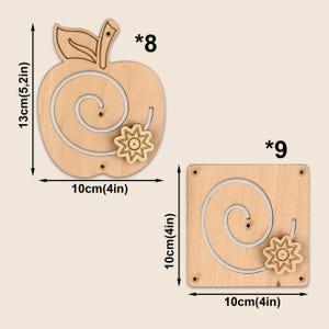 May include: Two wooden puzzles. One is apple-shaped, 13cm (5.2in) tall and 10cm (4in) wide, with a spiral track and a flower-shaped slider. The other is square, 10cm (4in) on each side, with a spiral track and a flower-shaped slider.