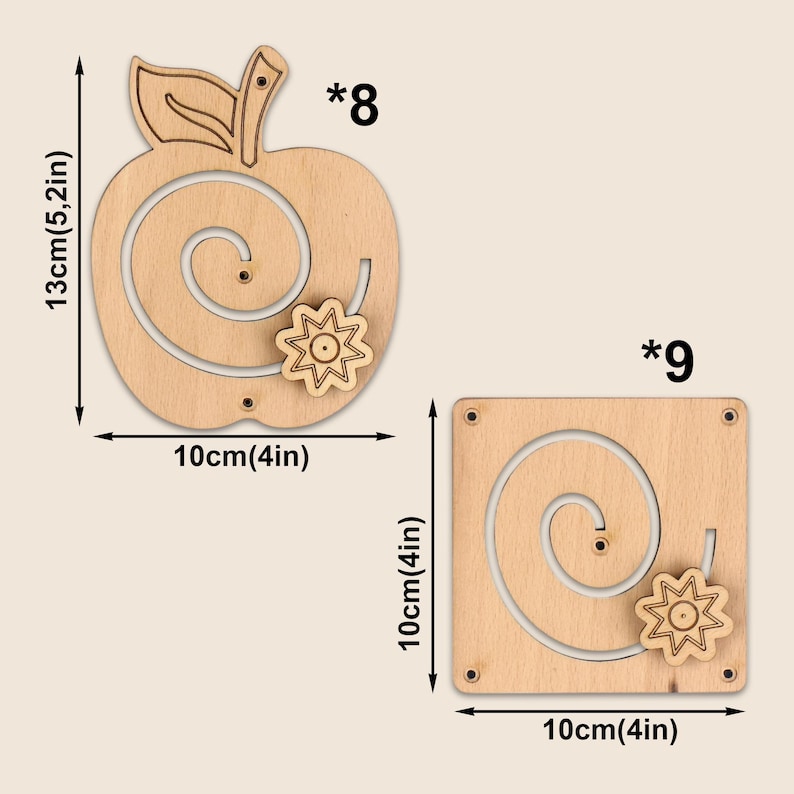 May include: Two wooden puzzles. One is apple-shaped, 13cm (5.2in) tall and 10cm (4in) wide, with a spiral track and a flower-shaped slider. The other is square, 10cm (4in) on each side, with a spiral track and a flower-shaped slider.