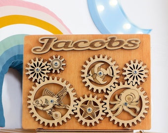 Personalized Baby Busy Board - Educational Toys for Boys - 1st Birthday Gift - Busy Board Toddler - Baby Name Puzzle - Gears Puzzle