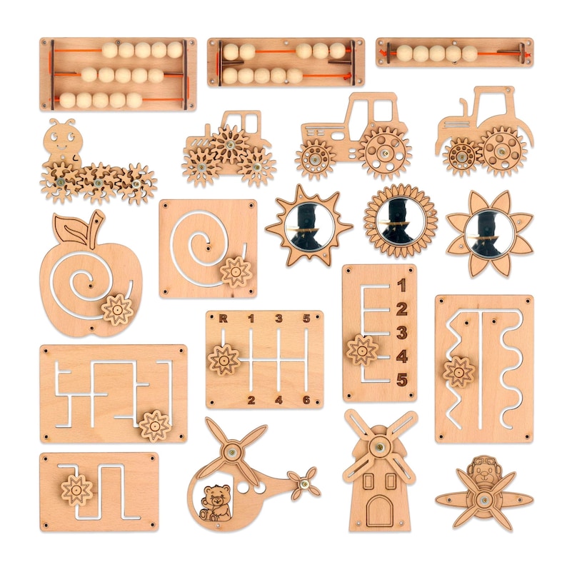 May include: A collection of wooden educational toys, including an abacus, tractors, a caterpillar, and various shape and maze boards. The toys are made of light-colored wood and feature moving parts and gears. The set includes a helicopter, a windmill, and a propeller plane.