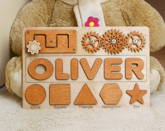 Wooden puzzle custom, Toddler busy board with name, Personalized wooden toys for baby, 1 year old girl boy gift