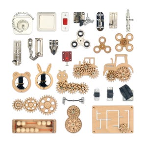 May include: A collection of wooden toys and hardware components, including latches, gears, spinners, and a maze. The toys feature natural wood tones and are designed for educational play and sensory exploration. Various shapes and sizes are present.