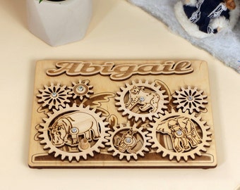 Personalized busy board gear puzzle, safari wooden toys toddlers, tropical baby boy gift
