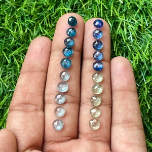 May include: Two rows of faceted gemstones, one row of blue sapphires and one row of green sapphires, arranged in order of color intensity, from dark to light.