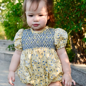 Hand Smocked Yellow Floral Romper Dress-  Girls Spring/Summer Outfit