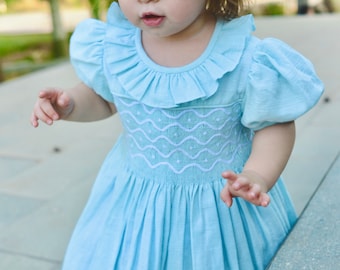 Baby Blue Smocked Dress for girls- Kids occasional outfit- Summer Smocked Dress