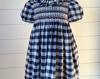 Hand Smocked Girls Dress- Navy Gingham Smocked Dress- Ruffle Dress- Twirl Dress- Girls Holiday Outfit