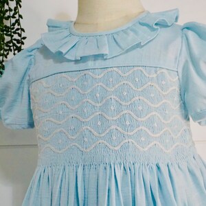 Petit Bebe Knits Girls Light Blue Smocked Dress - Long Sleeves & Collar