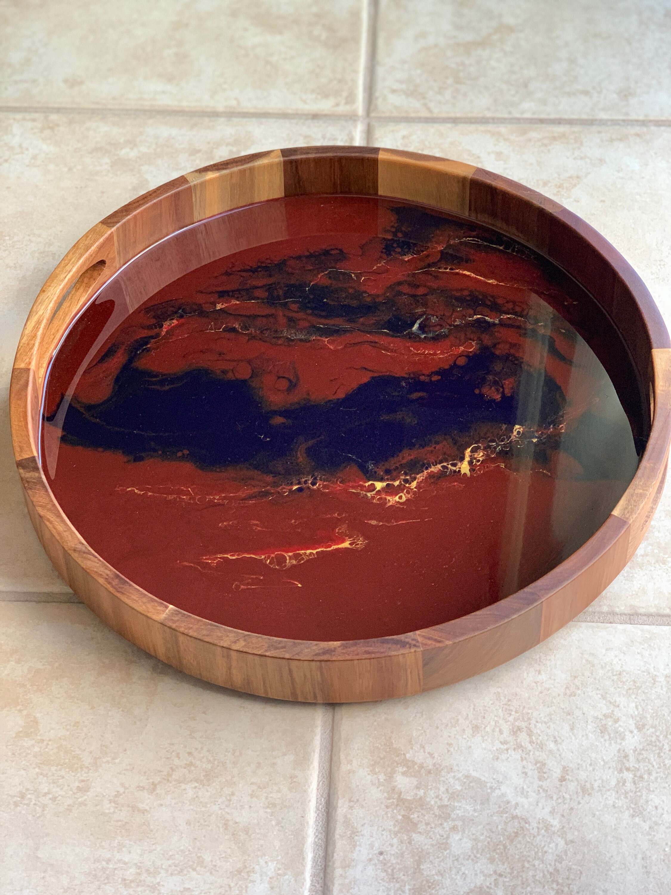 Resin Acacia Wood Tray Round Wooden Serving Tray Resin Etsy