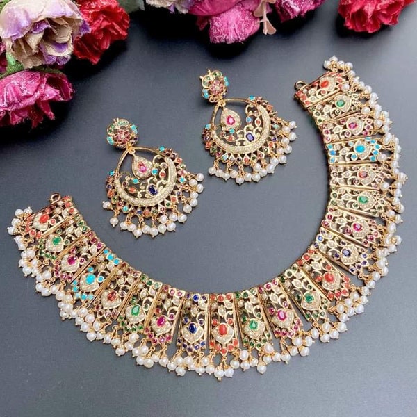 jadau Nauratan necklace with earrings Hyderabadi choker set statement Jewelery earrings jadau For Indian Pakistani Wedding Pakistani jewelry