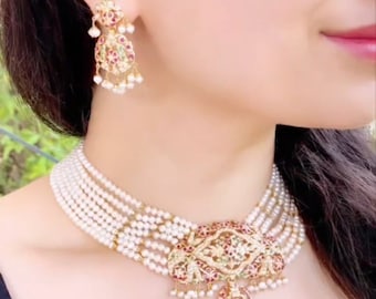Jadau Gargantilla collar de perlas y pendientes Hermosa piedra joyería india Jadau establece hermoso collar, pendientes especial del día de San Valentín