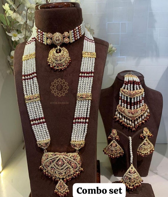 Rani Haar Jadau Pearl Necklace Set Statement Jewelry Hyderabadi Earrings Jadau Navratan Adaa Jewels Long Mala Multi Navratan Tikka Tika Etsy UK