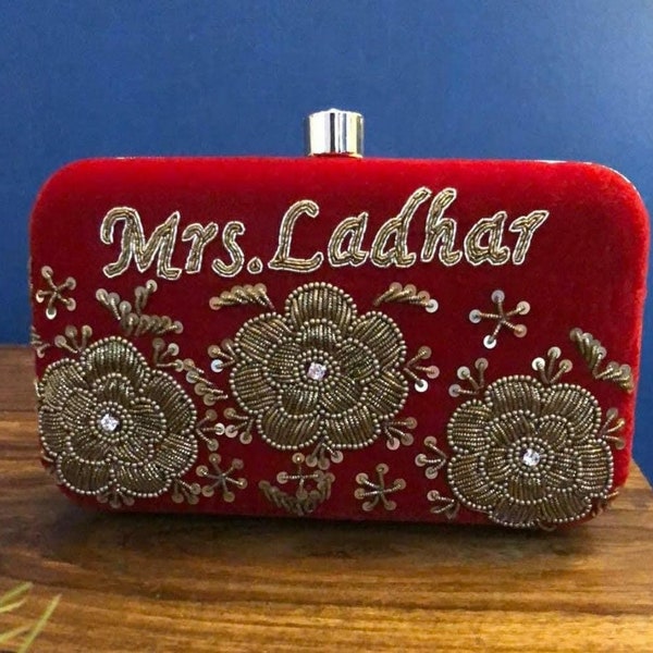 Customize Name  Clutch Velvet Purse Party wedding bridal evening bag bollywood Anniversary gift indian designer handbag for women