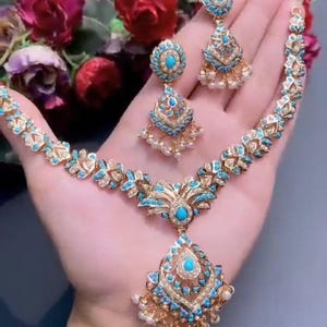 jadau Firoza  Brides maid  Gift Choker Necklace earrings set Minimalist ChokerJhumka earrings set for Women Wedding Jewelry, birthday gift