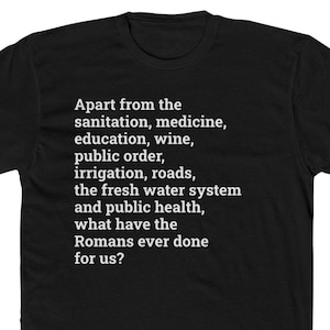 Python Life of Brian Quote T-shirt unisexe, chemise de fan, haut à col rond en coton gris chiné, romains minimalistes, chemise en tricot arrière rose noire drôle