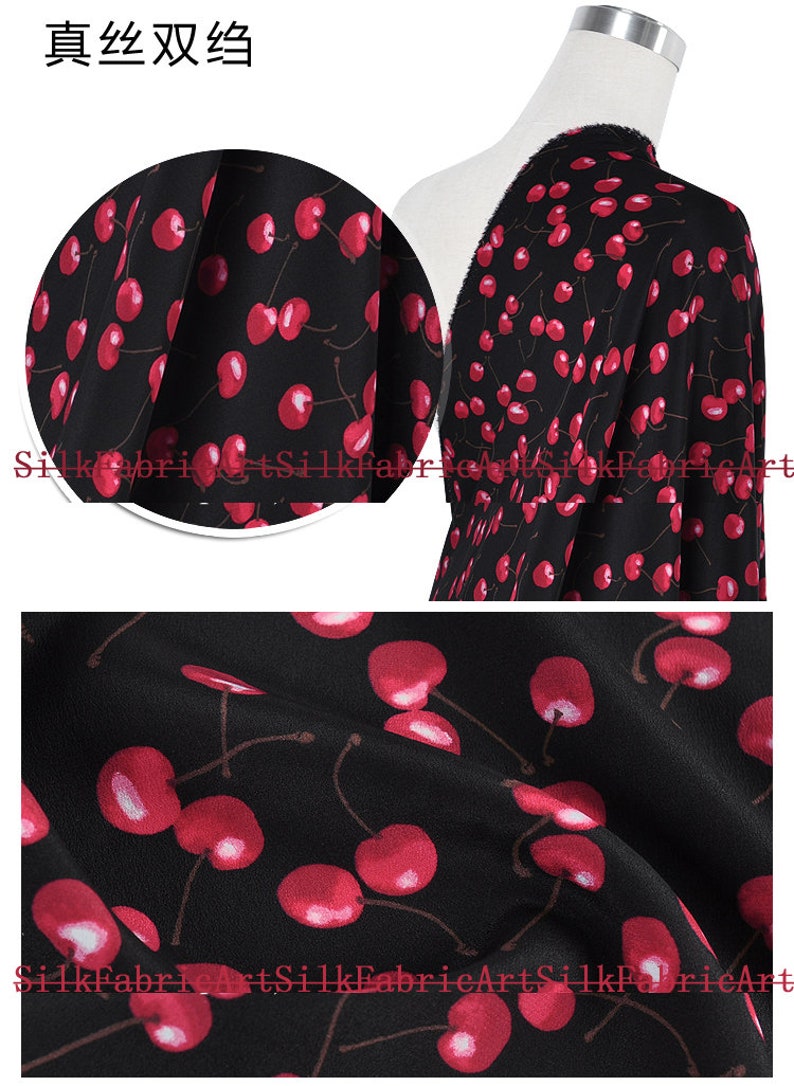 Red cherry print black fashion new fabric 100/% Silk Crepe de Chine fabric Width 43 inch